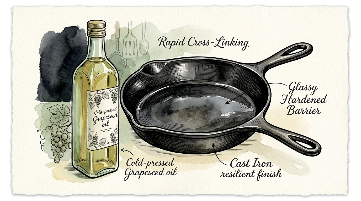 Illustration of a bottle of grapeseed oil next to a seasoned cast iron skillet with handwritten callouts.