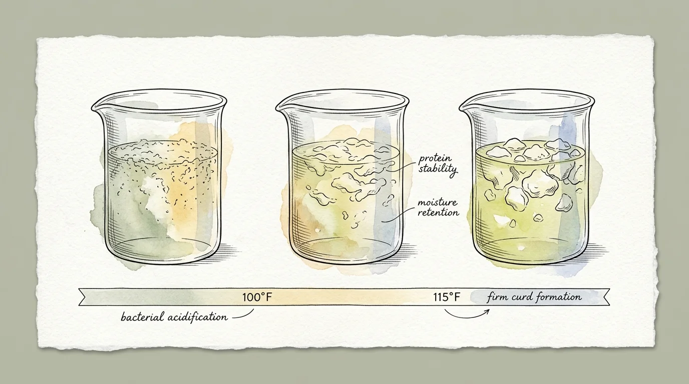 Watercolor sketch of three glass beakers showing curd development along a 100°F to 115°F timeline.
