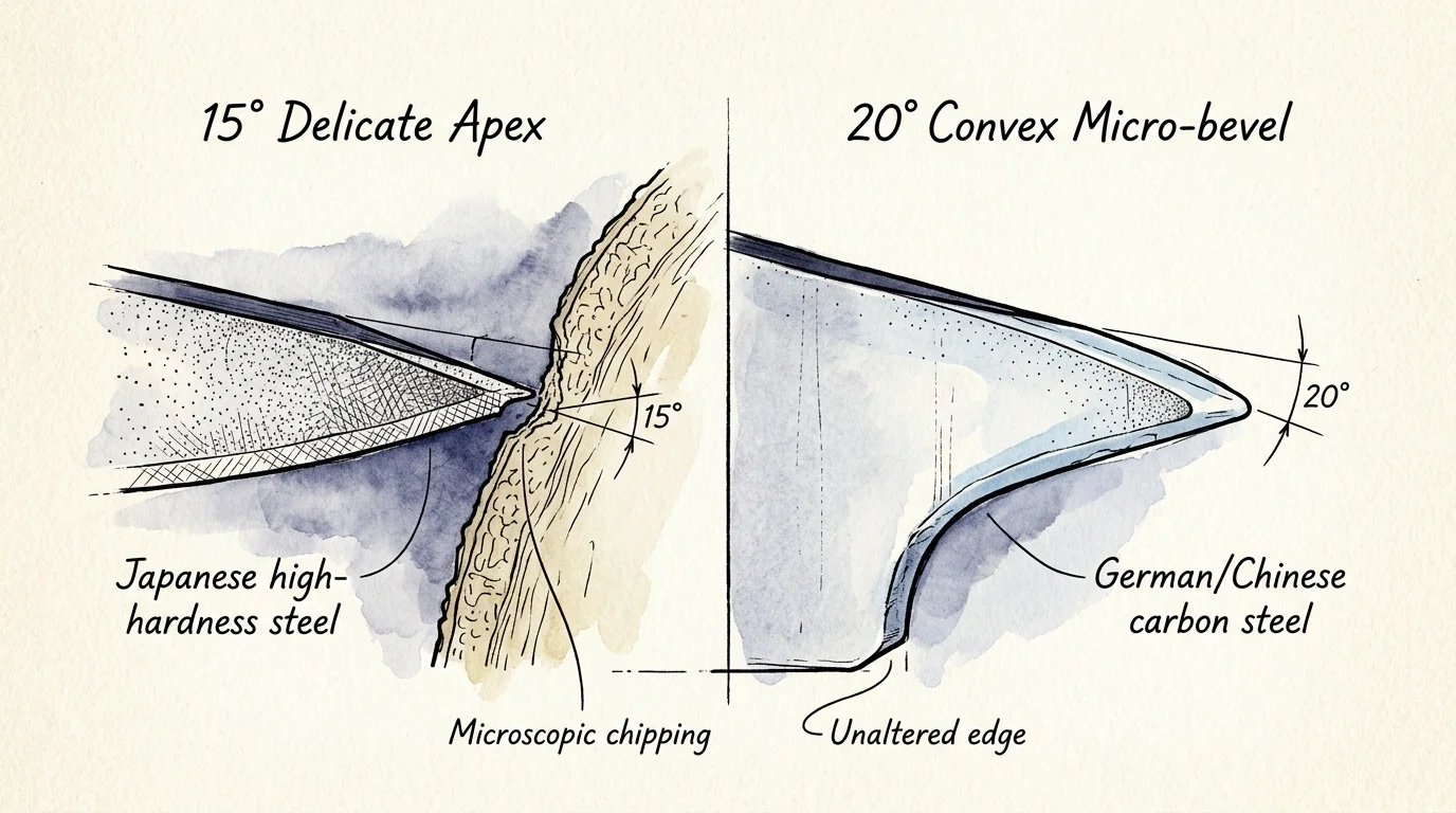 Ink and watercolor macro illustration comparing a 15-degree chipped knife edge to a durable 20-degree convex edge.
