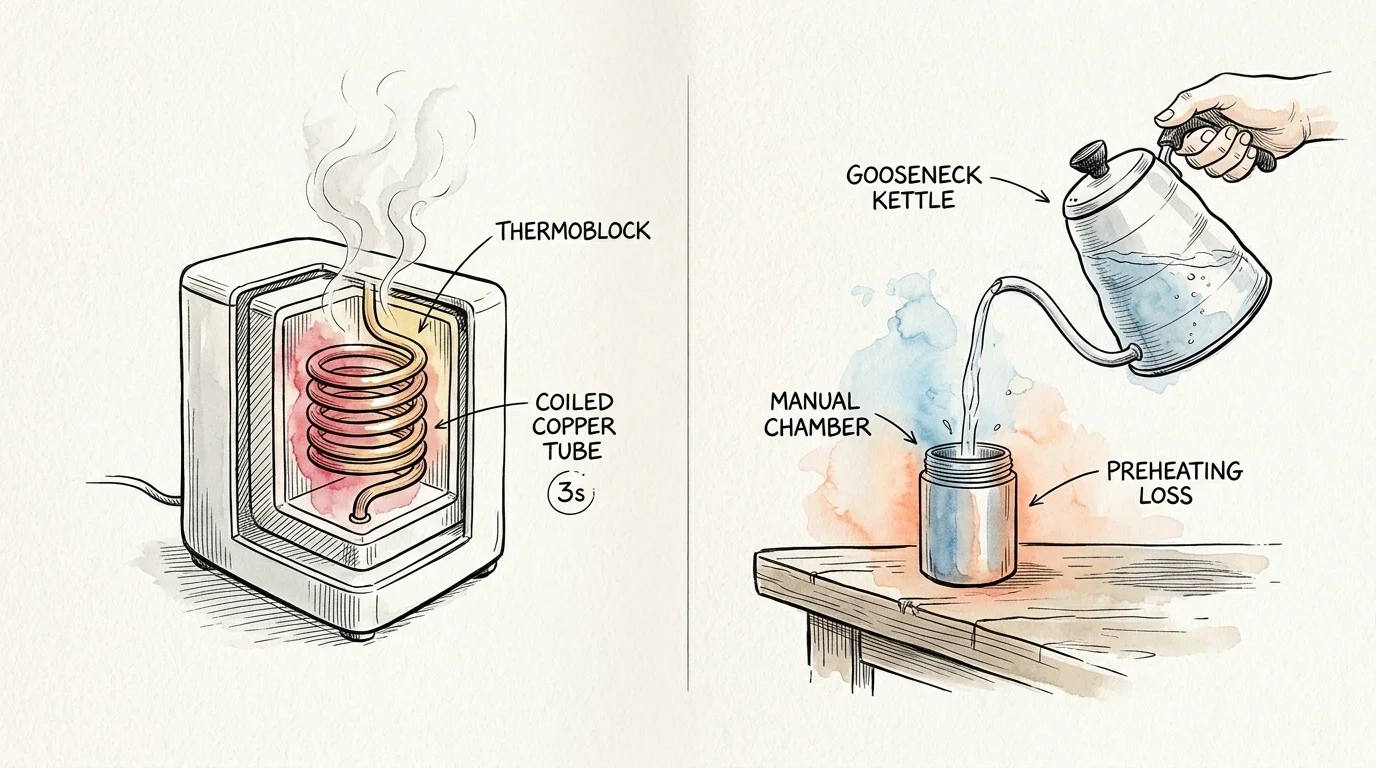 Ink sketch comparing a cutaway thermoblock heating coil to a kettle pouring water into a manual chamber.