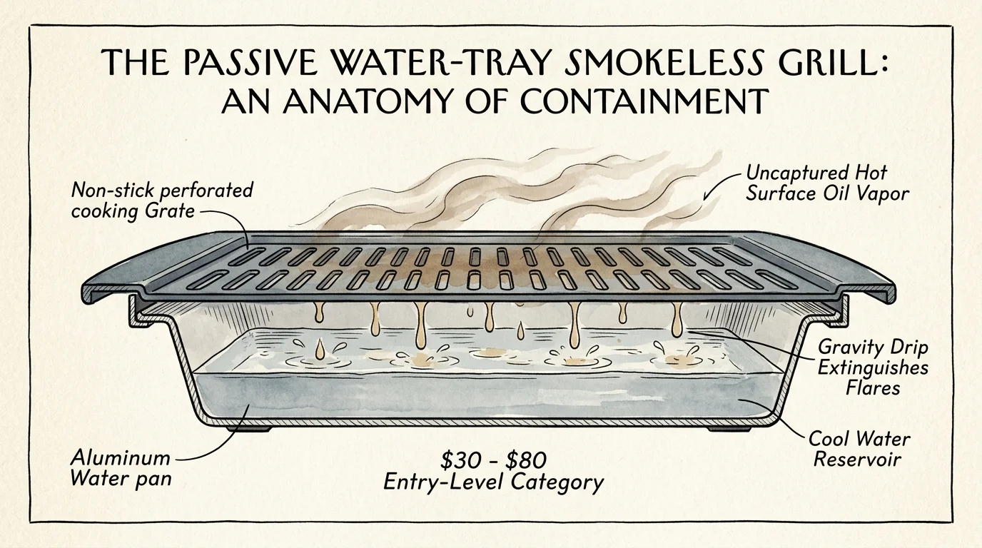 Diagram of a passive smokeless grill showing grease dripping through a perforated grate into a water pan below rising vapor.