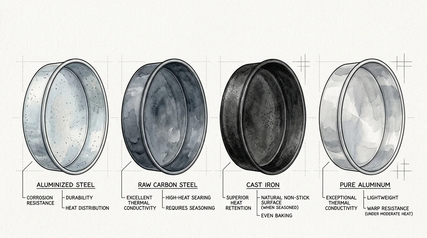 Illustration of four round baking pans in aluminized steel, raw carbon steel, cast iron, and aluminum with labeled features.