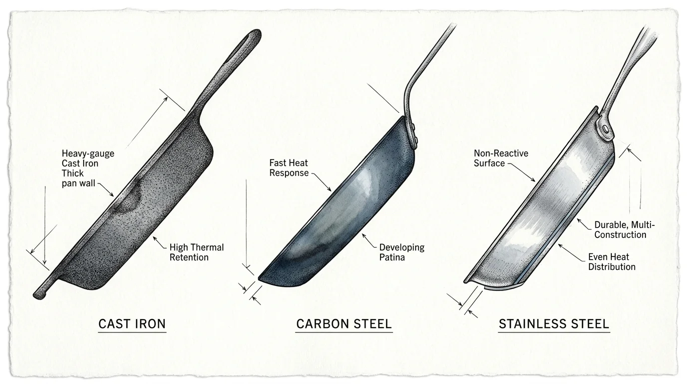Technical cross-section diagrams comparing pan wall thickness and properties of cast iron, carbon steel, and stainless steel.