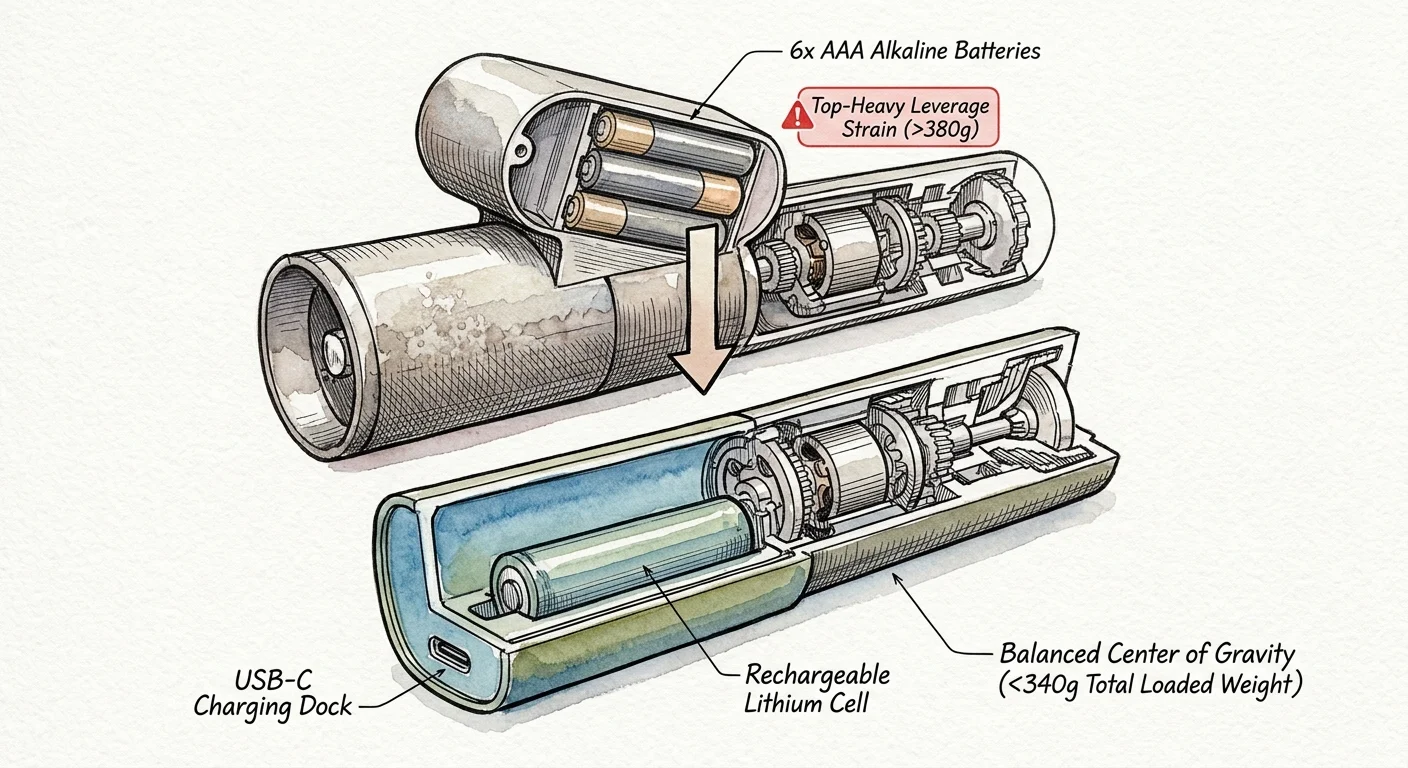 Cutaway diagram comparing a top-heavy battery pepper grinder with a balanced rechargeable USB-C model.