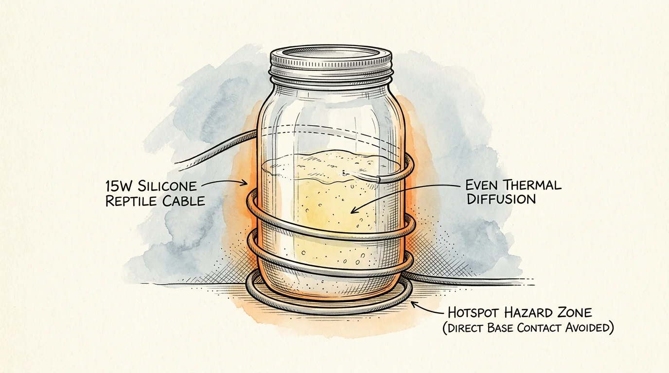 Ink sketch of a glass jar with a heating cable wrapped around it, showing labeled heat distribution and hazard zones.