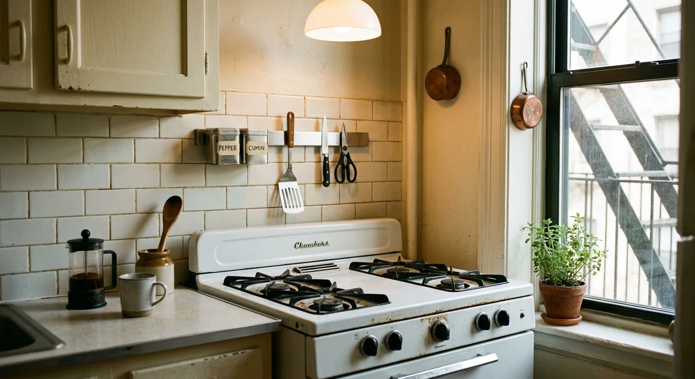 White vintage gas stove in a kitchen with subway tile backsplash, mounted utensil strip holding tins, and sunny window.
