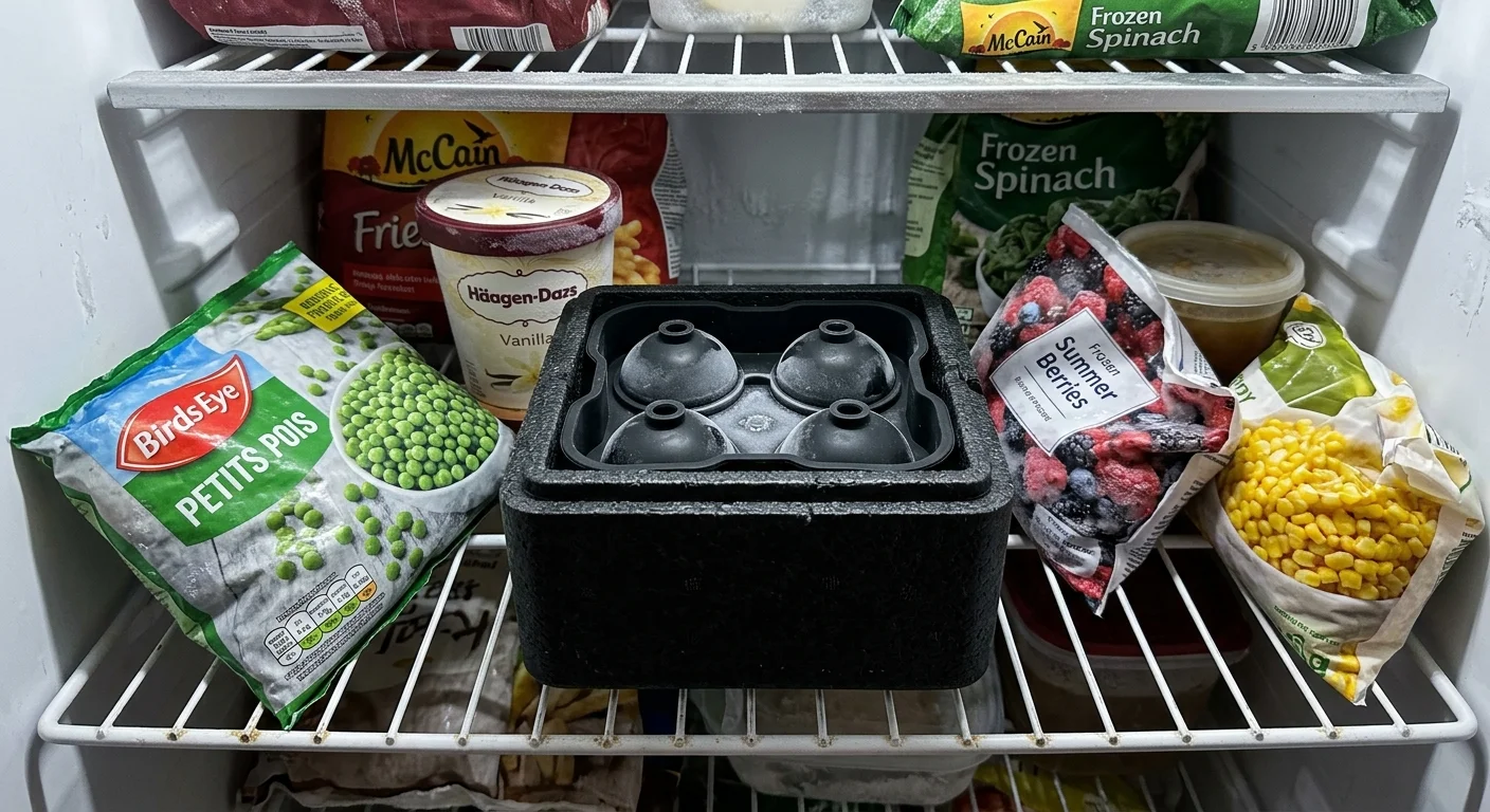 A black insulated four-sphere ice mould sits on a wire freezer shelf surrounded by frozen food bags and ice cream.