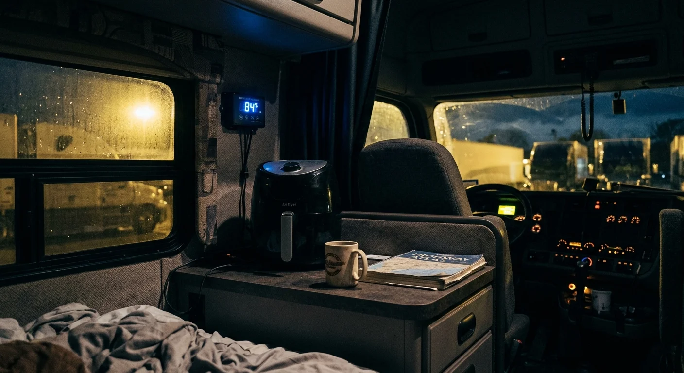 Semi-truck sleeper cab interior at night with a small air fryer, mug, and road atlas on a console by the driver seat.
