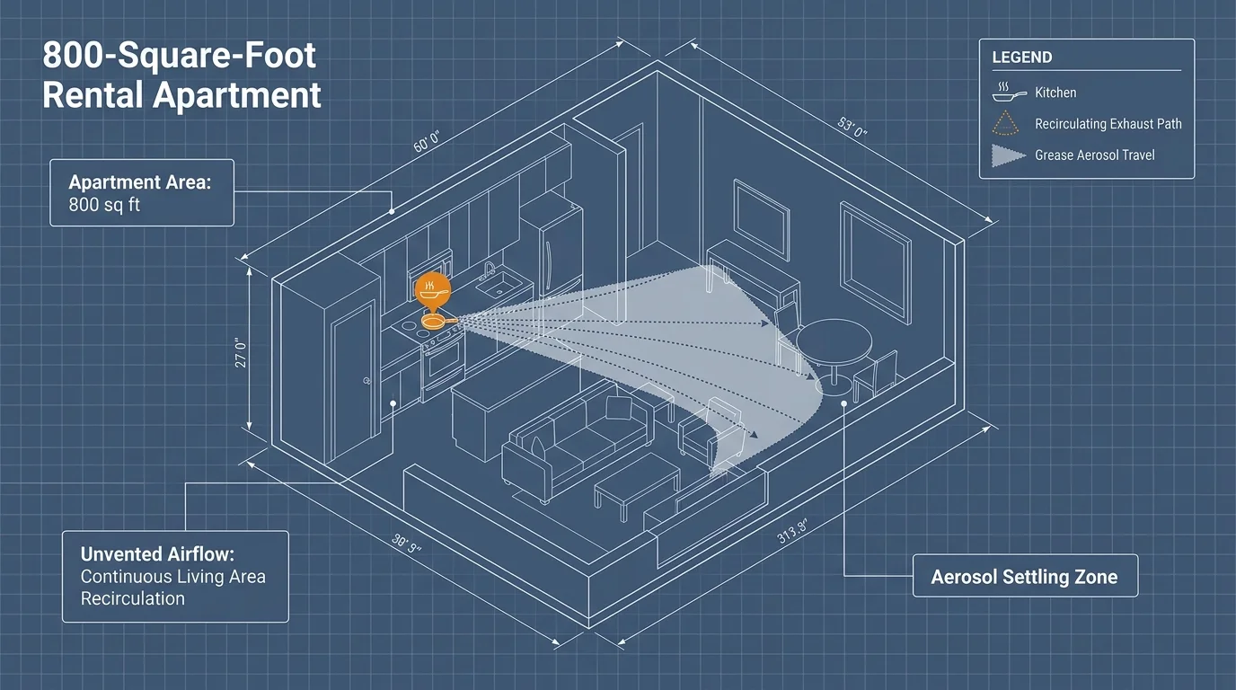 Blueprint diagram of an 800-square-foot apartment showing grease aerosol travel fanning out from the stove into the living room.