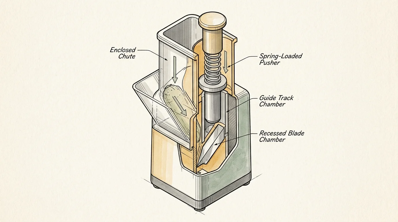 Cutaway diagram of an upright enclosed mandoline showing the chute, spring-loaded pusher, and internal blade.
