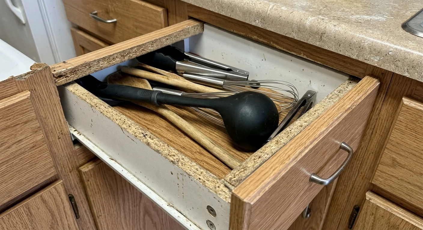 Jammed shallow kitchen drawer packed with tangled utensils caught under the rental cabinet frame.
