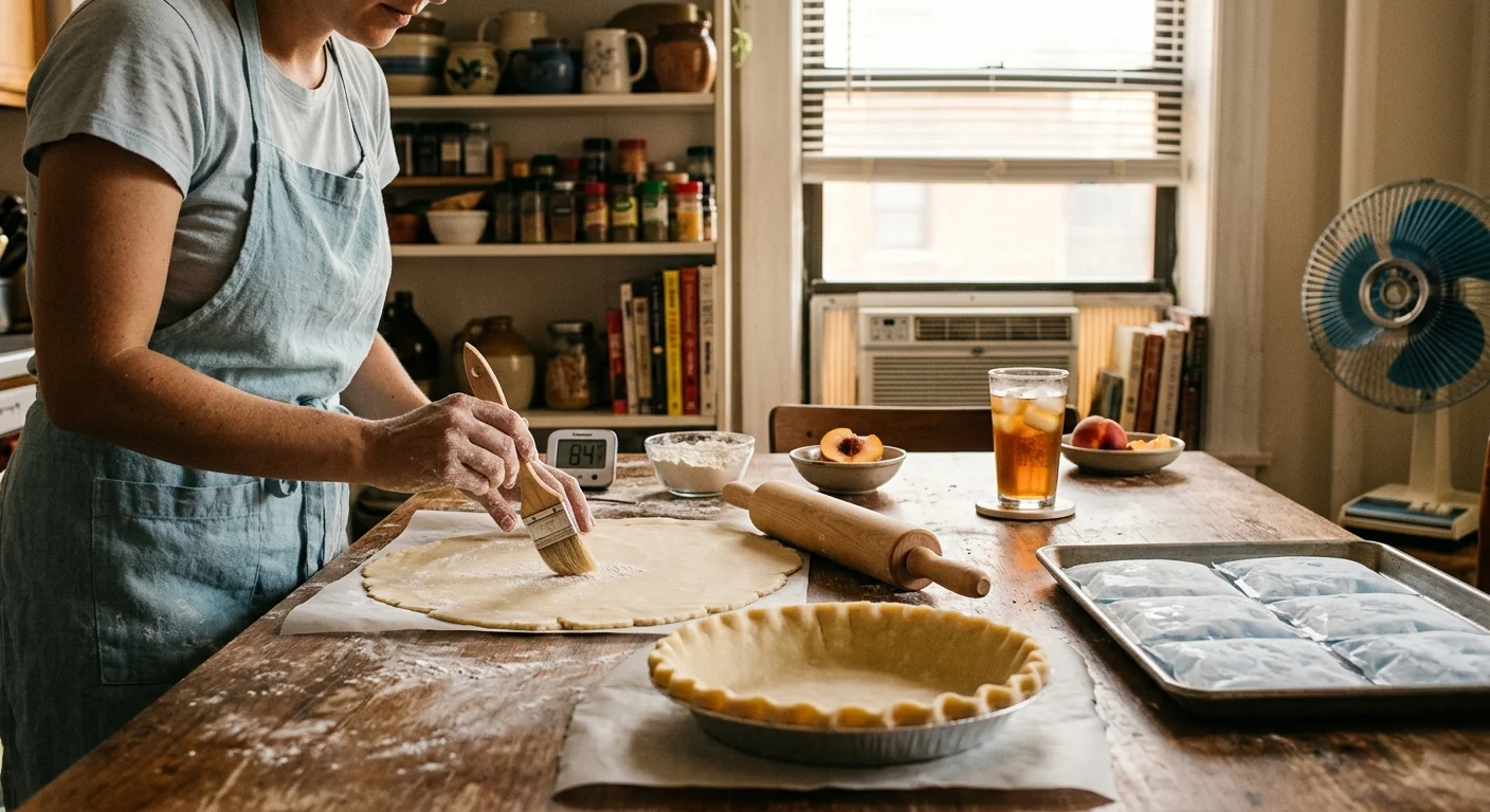 Baker in an apron brushing flour from rolled pie crust on a wooden table beside a crimped shell and an ice pack tray.