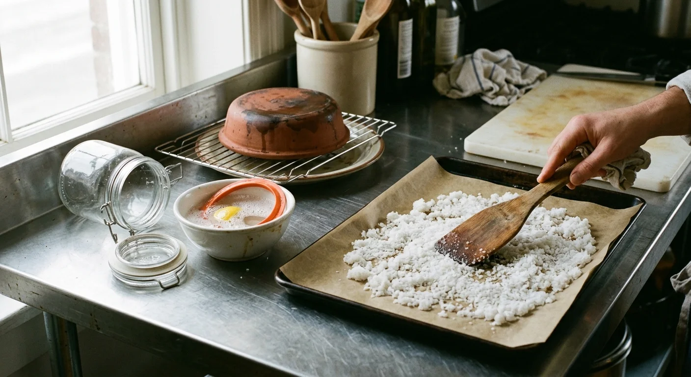 A hand spreads coarse salt on a parchment-lined baking sheet near a glass jar, soaking rubber gasket, and terracotta dish.