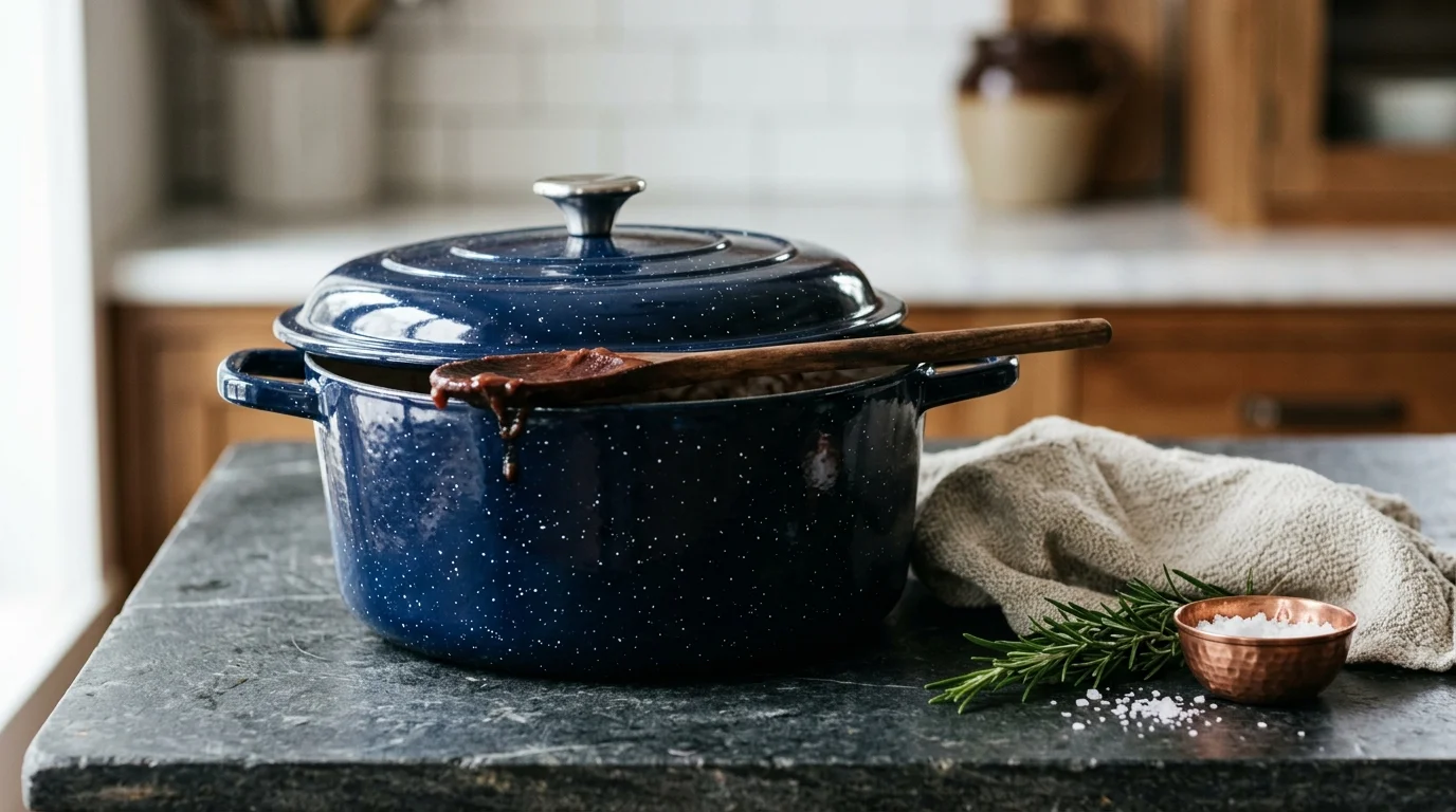 Blue speckled enamel Dutch oven with a lid slightly open, a wooden spoon resting across the top on a dark stone counter.