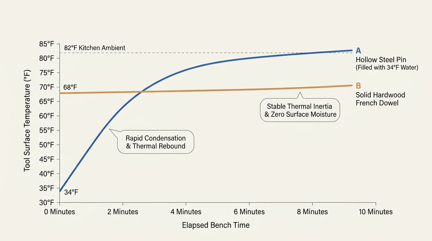 Line graph comparing surface temperatures of a hollow steel pin and solid hardwood French dowel over 10 minutes.