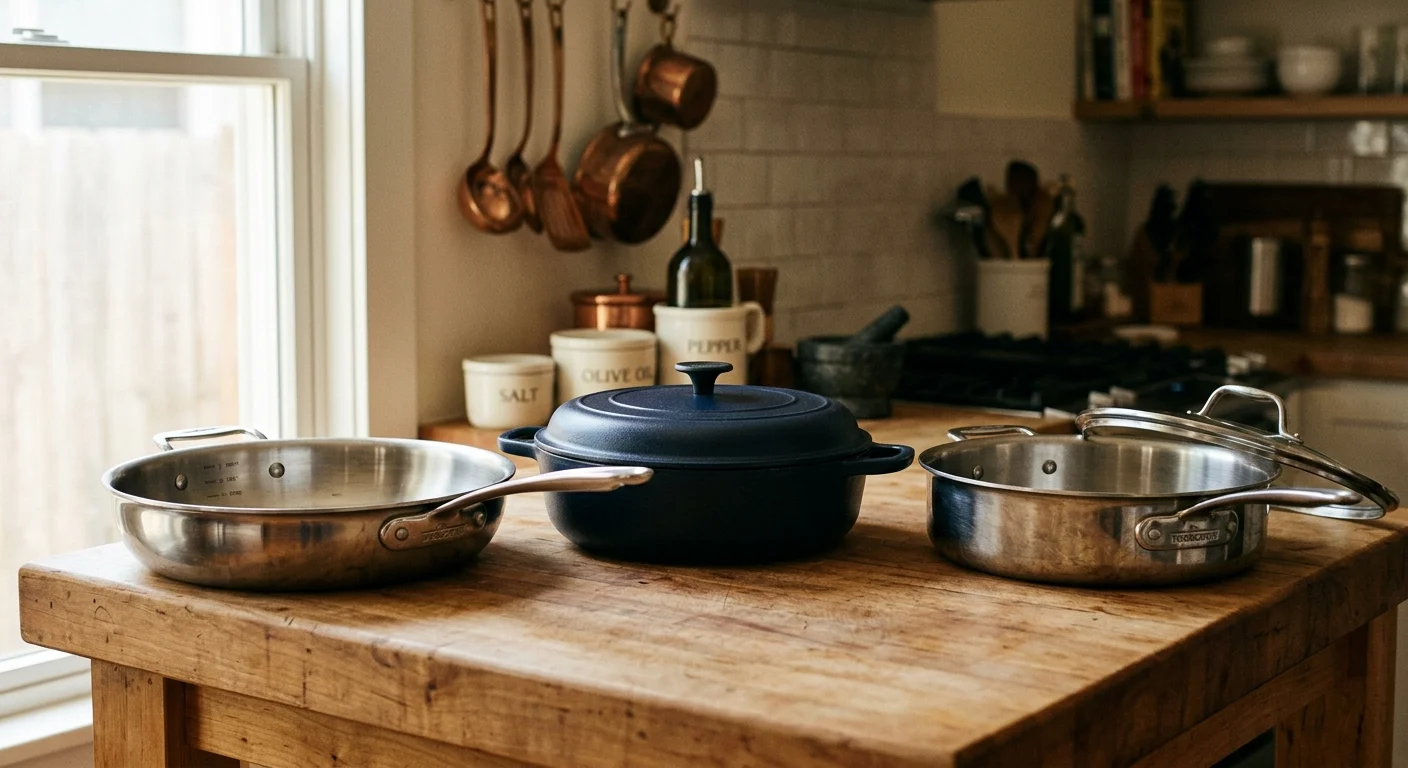Two stainless steel frying pans and a dark blue cast iron pot with a lid set on a wooden kitchen island.