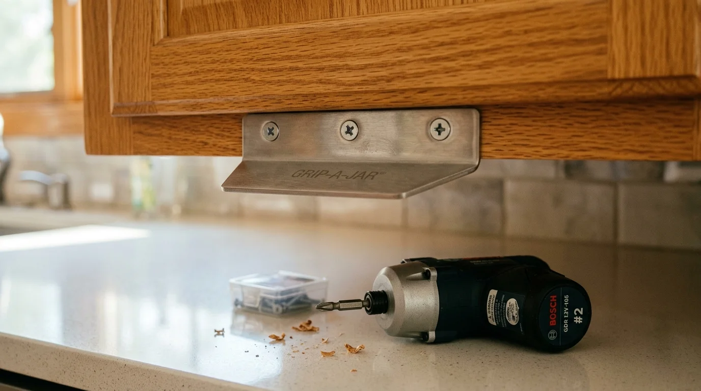 Metal jar opener bracket screwed into the bottom edge of a wood cabinet above a cordless driver on a countertop.