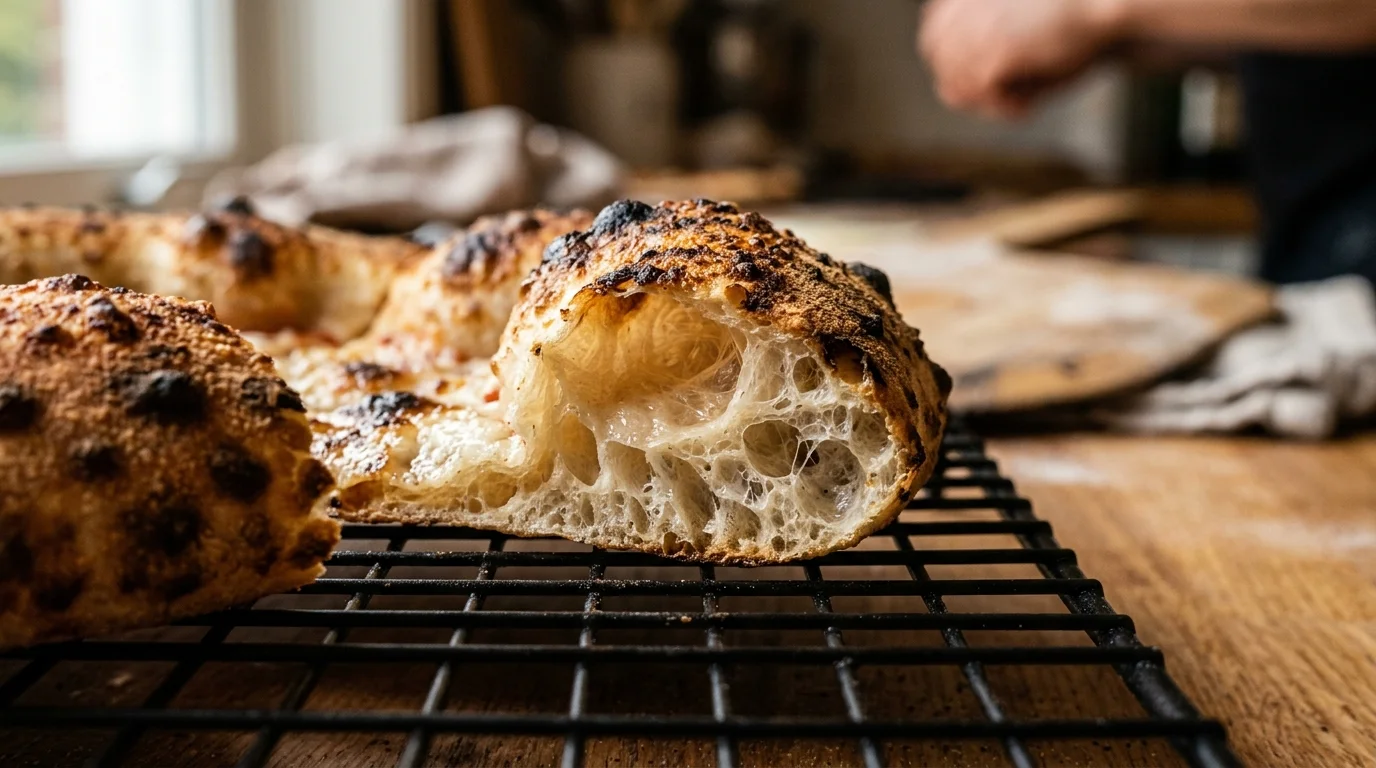 Close-up cross section of a blistered, airy pizza crust resting on a black wire cooling rack on a wooden table.