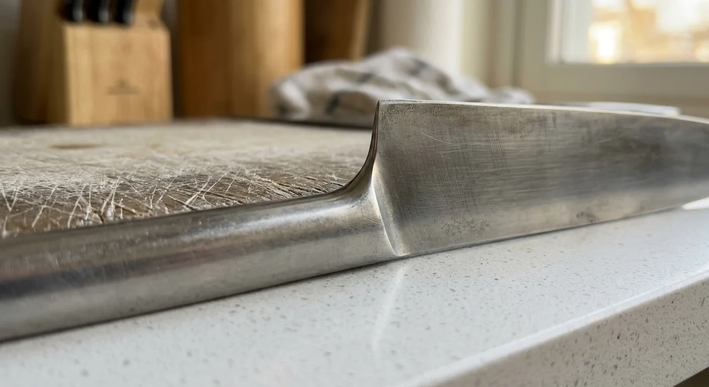Stainless steel knife lying flat beside a heavily scratched wooden cutting board on a white kitchen countertop.