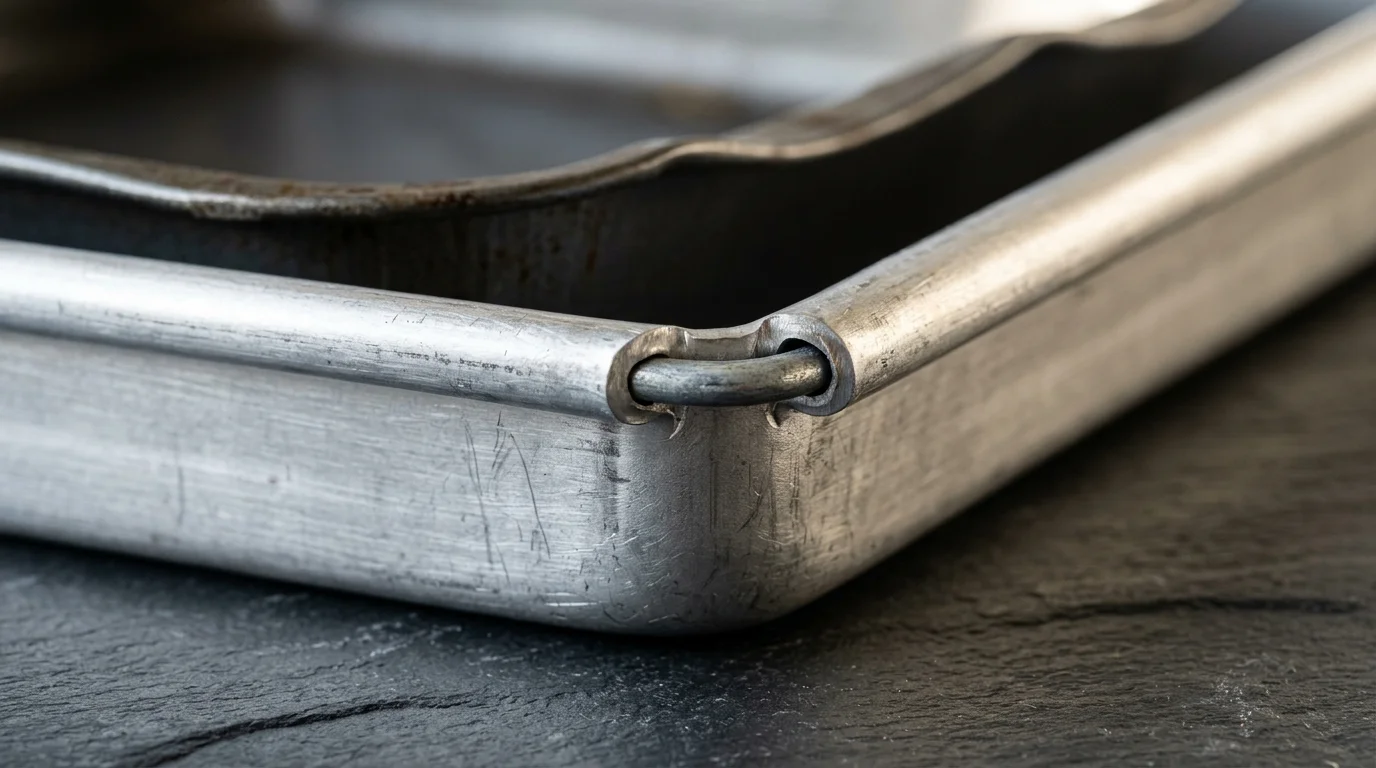 Close-up of an aluminum baking pan corner showing a rolled wire rim beside a warped metal baking pan.