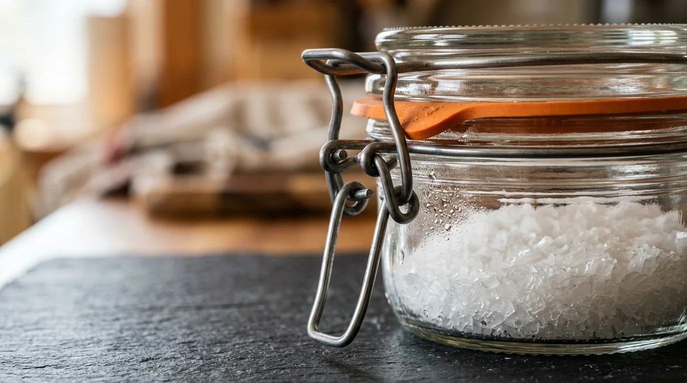 Glass clamp-lid jar with an orange gasket containing coarse white salt crystals on a black slate surface.