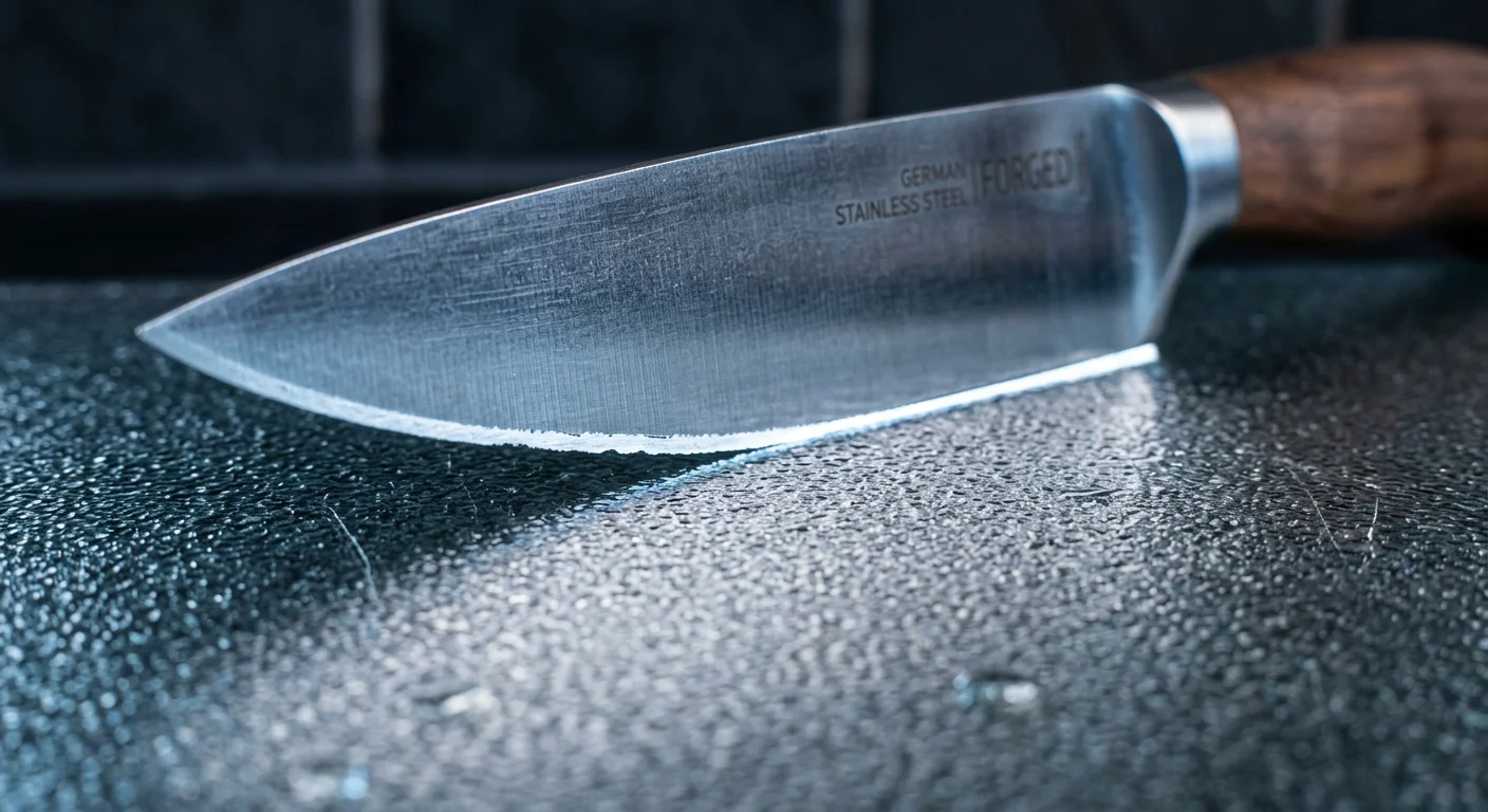 Close-up of a German stainless steel chef knife blade with a dull edge resting on a textured glass cutting board.
