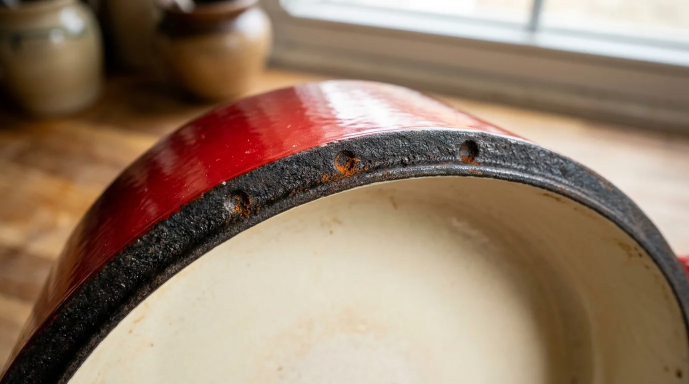 Macro shot of a red Dutch oven rim showing raw cast iron and slight orange flash rust at kiln pin marks.