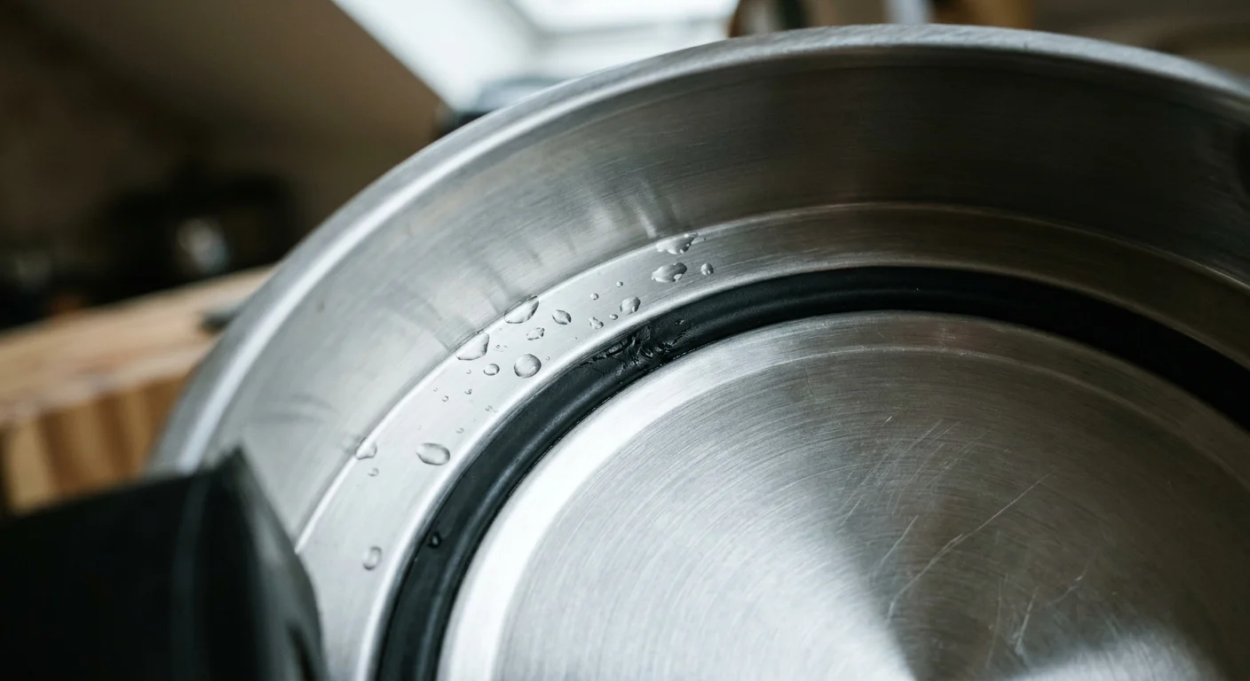 Macro shot of an electric kettle interior showing the stainless steel heating floor and intact black silicone gasket.
