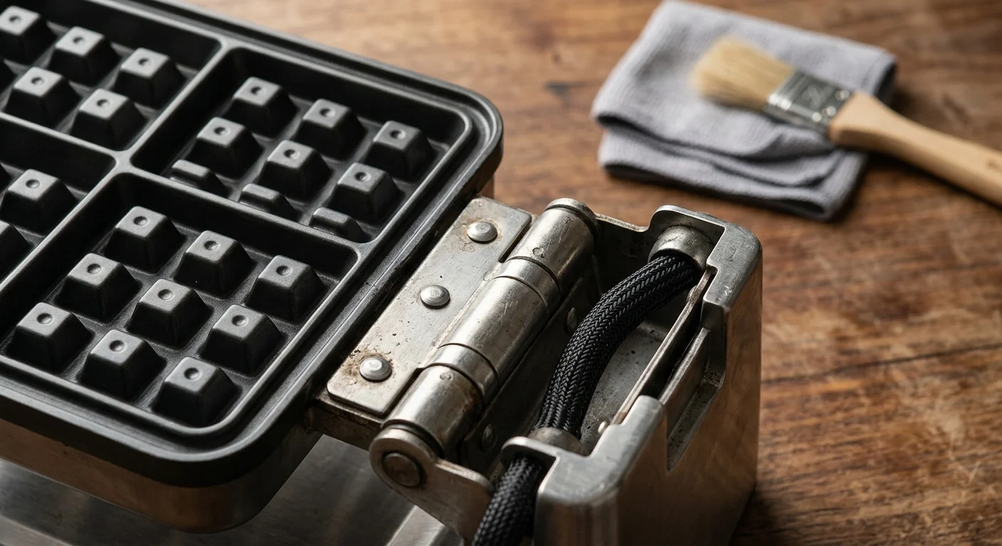 Close-up of an open waffle maker hinge showing an internal braided wire alongside waffle grid plates and a brush.