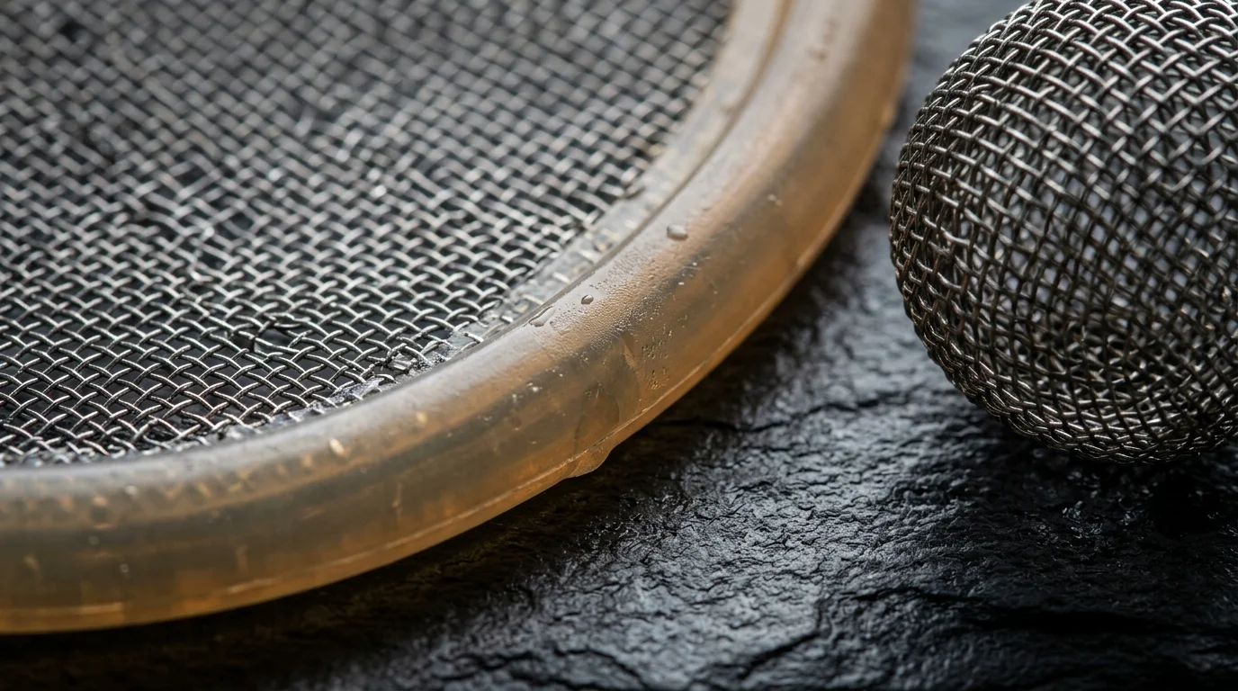 Close-up of a circular wire mesh filter with a translucent silicone rim next to a small woven wire mesh ball on dark stone.