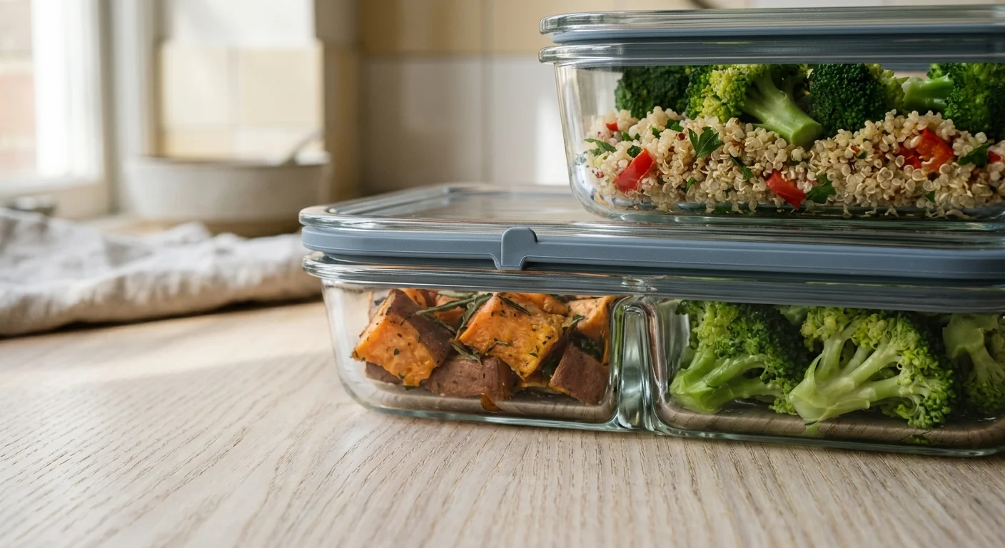 Stacked glass meal prep containers with gray lids holding sweet potatoes, broccoli, and seasoned grains on a wooden table.