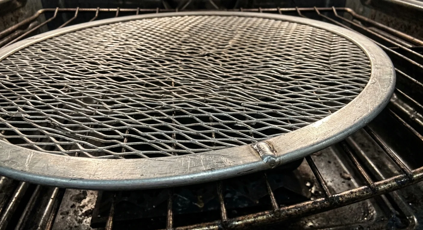 A round aluminum mesh pizza screen resting flat on a metal wire oven rack.