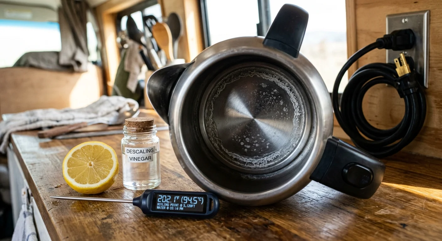 Open stainless steel kettle with mineral scale buildup inside, sitting on a counter with a lemon, vinegar, and thermometer.