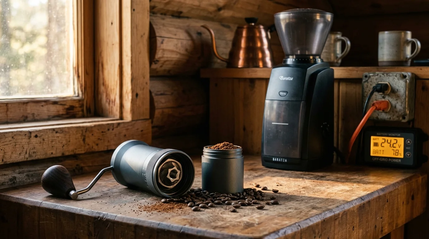 A manual coffee hand grinder resting on a wooden counter next to coffee beans, an electric grinder, and a digital battery monitor.
