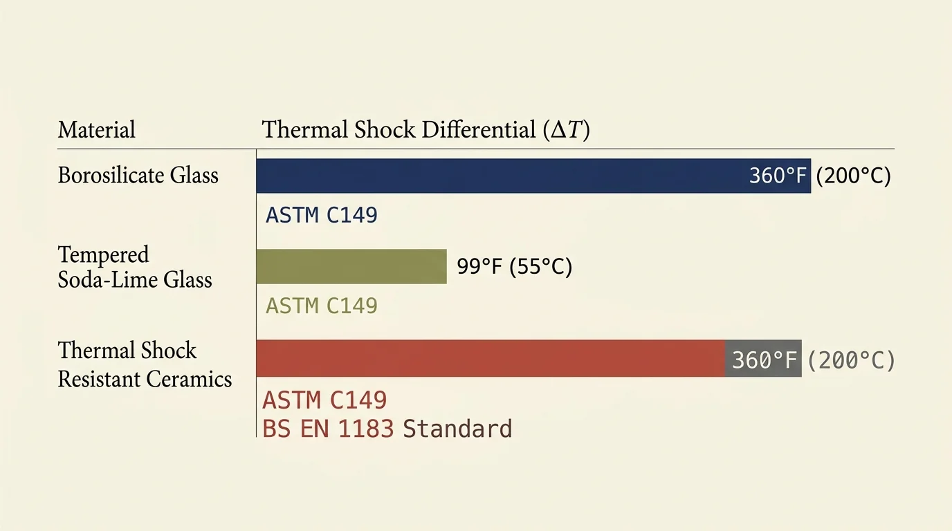 Horizontal bar chart comparing thermal shock differentials for borosilicate glass, tempered soda-lime glass, and ceramics.