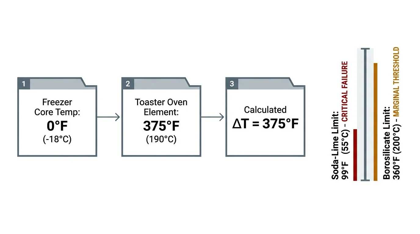Diagram calculating delta T of 375 degrees Fahrenheit from freezer to toaster oven, alongside material failure limits.