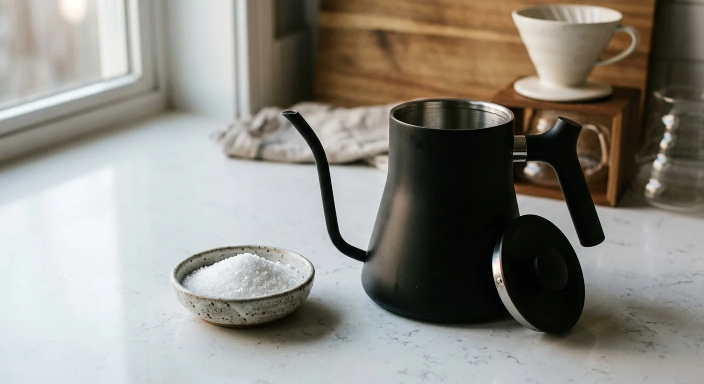 Matte black gooseneck kettle next to a dish of white citric acid crystals on a bright quartz kitchen counter.
