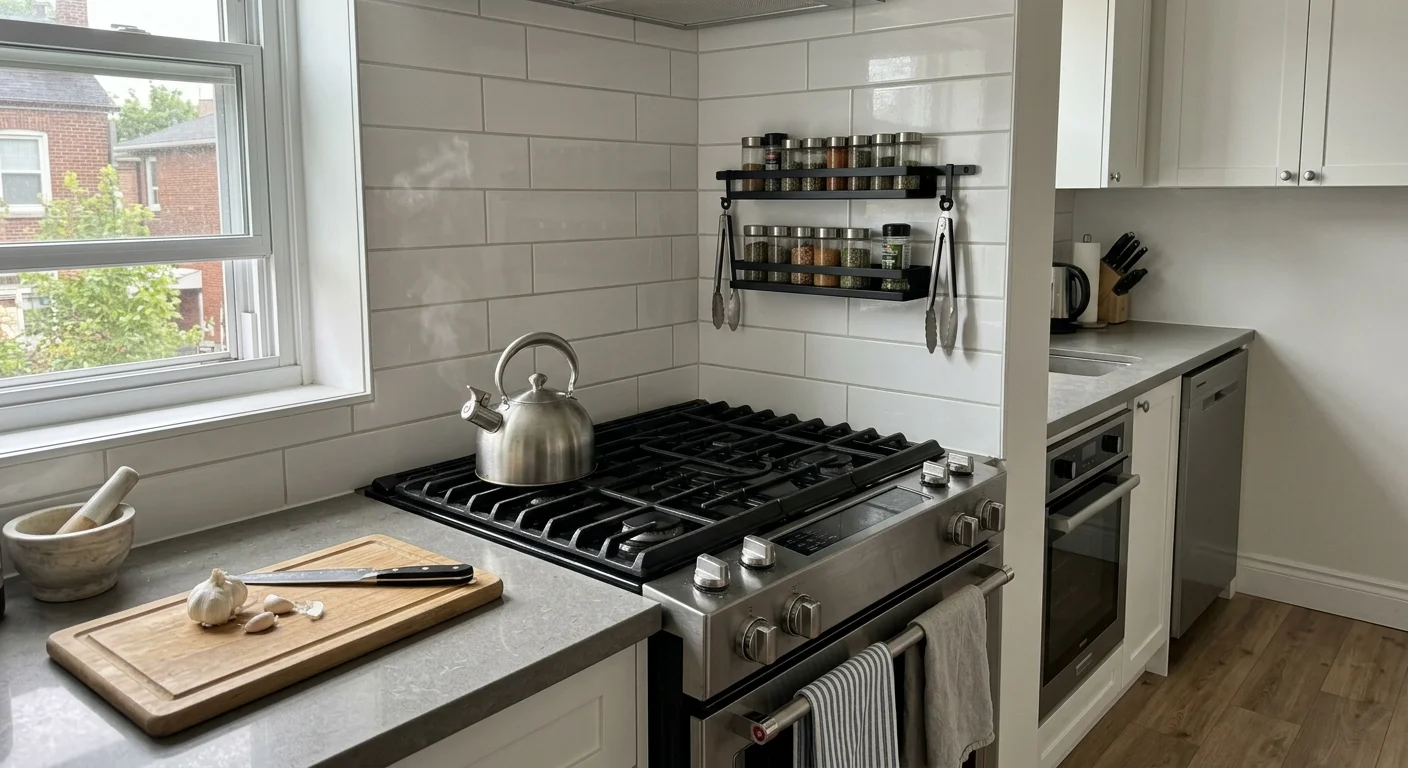Stainless steel gas range with a kettle, cutting board, and black wall-mounted spice rack on white subway tile.