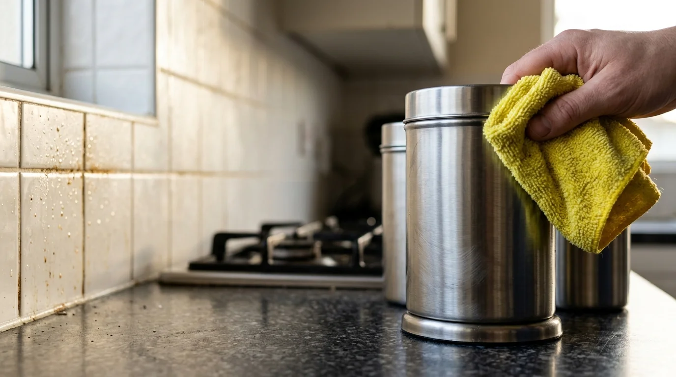 Microfiber cloth wiping cooking grease off a brushed stainless steel utensil canister near kitchen tile.