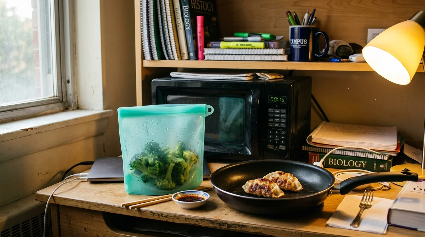 A silicone pouch of broccoli and a skillet with dumplings sit on a dorm desk beside a small microwave.
