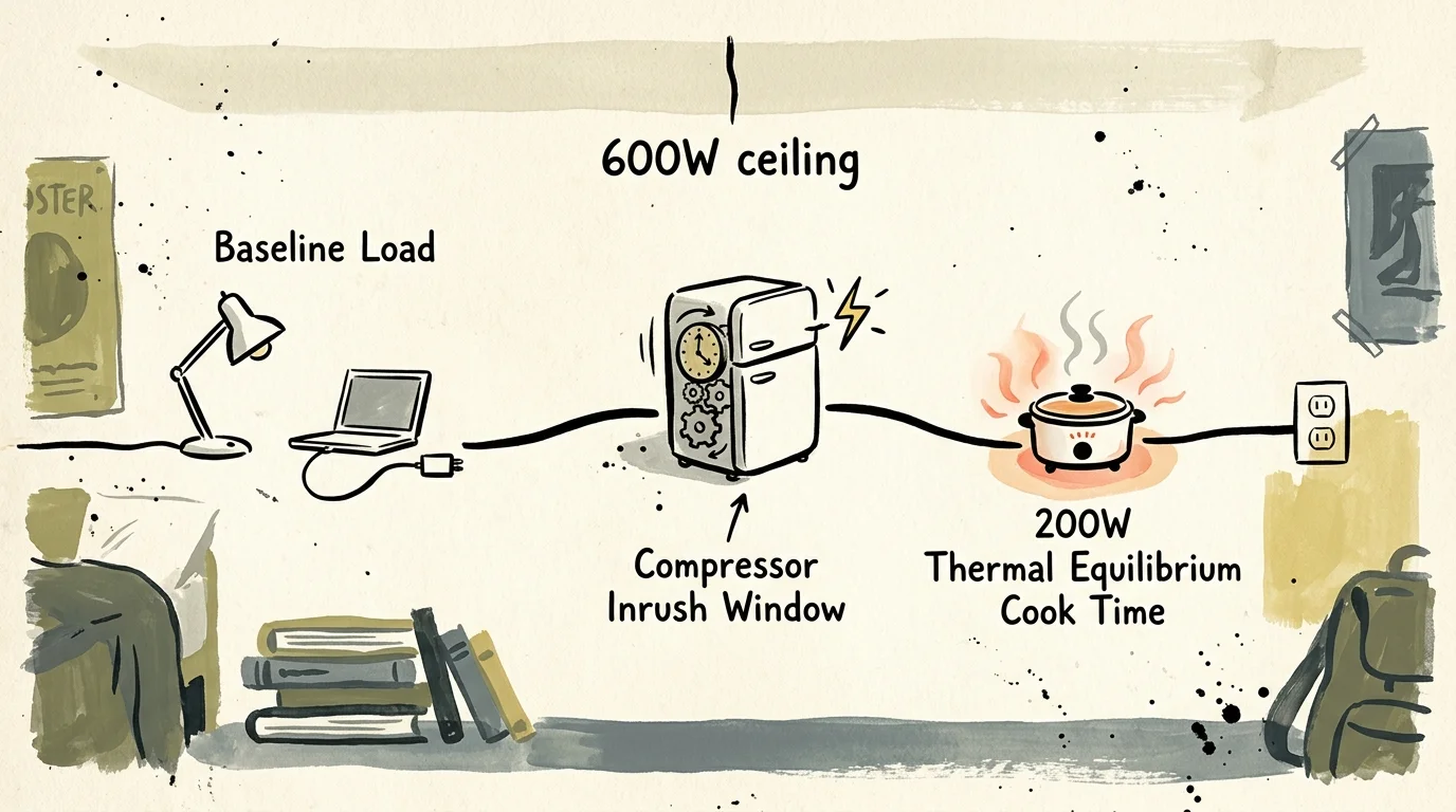 Illustrated diagram showing a desk lamp, laptop, mini-fridge, and rice cooker connected to an electrical outlet under a 600W ceiling.