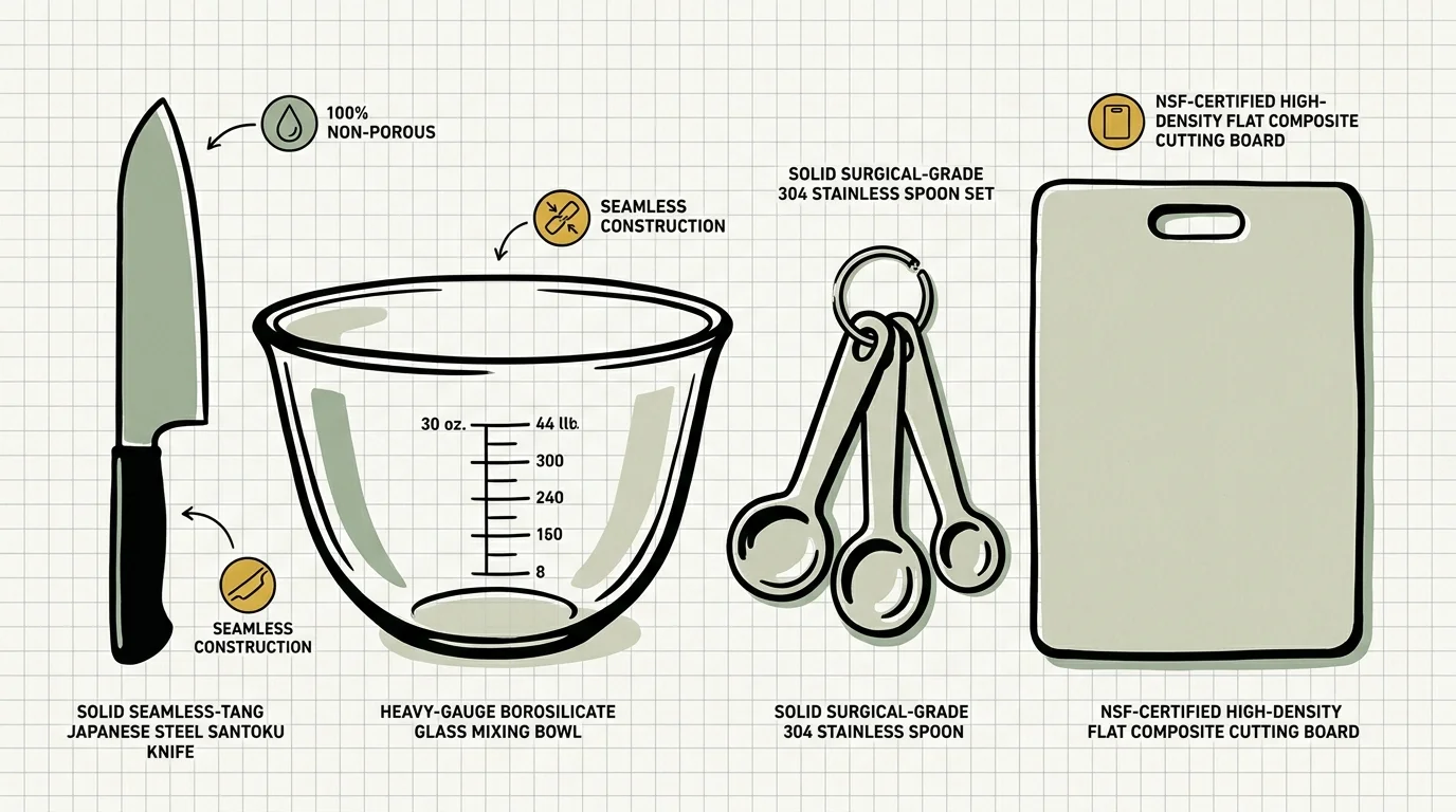 Illustrated kitchen tools including a chef knife, glass mixing bowl, metal measuring spoons, and a cutting board on grid paper.