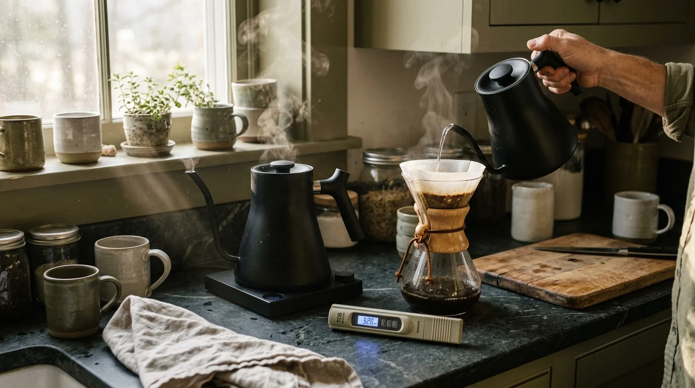 A person pours hot water from a black gooseneck kettle into a Chemex coffee maker beside a digital water tester.