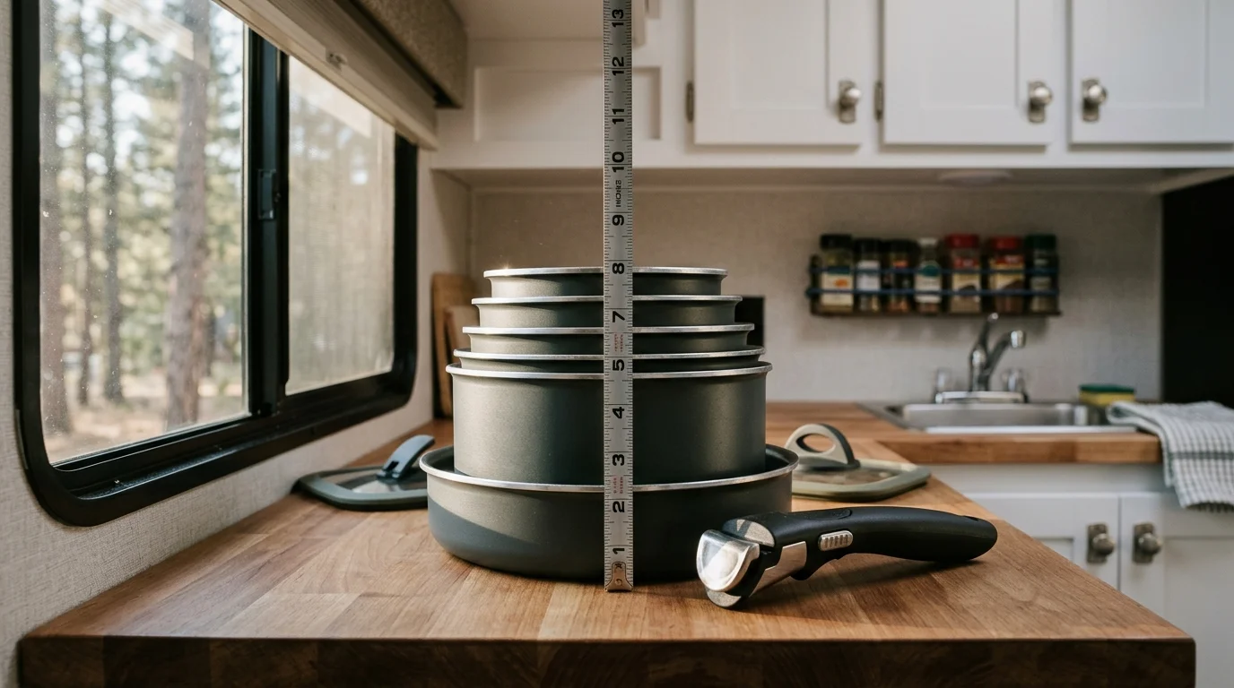 A measuring tape stands in front of a stack of nested cookware with a detachable handle on an RV counter.