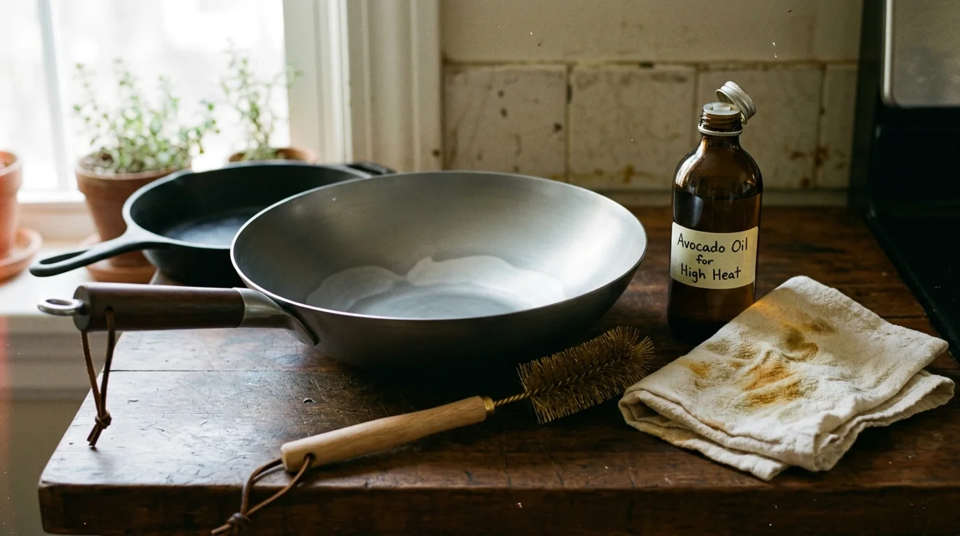 A silver wok, wire cleaning brush, bottle of avocado oil, and stained rag sit on a rustic wooden table.