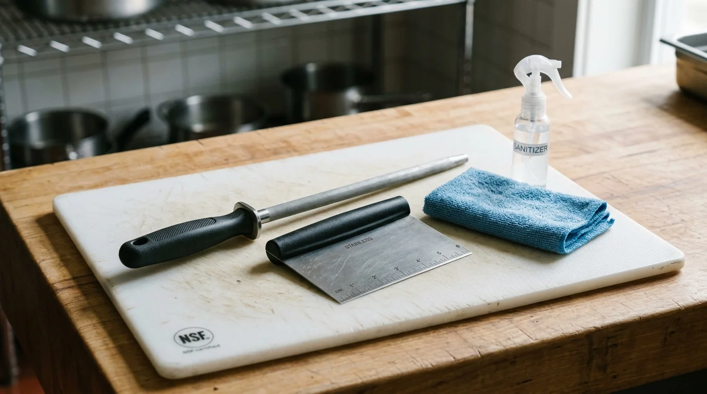 A white NSF cutting board topped with a honing rod, bench scraper, blue cloth, and sanitizer spray on a wood counter.
