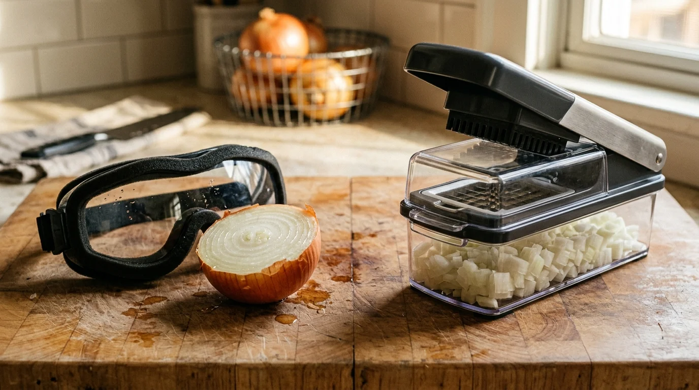 Onion goggles with foam padding next to a halved yellow onion and a levered grid vegetable chopper on a butcher block.