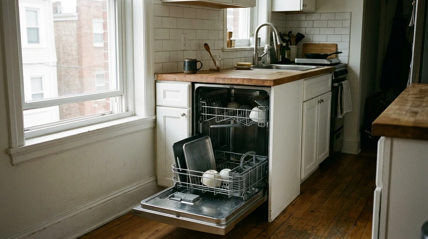Open slimline dishwasher beneath a wooden counter in an apartment kitchen, holding bowls and sheet pans.