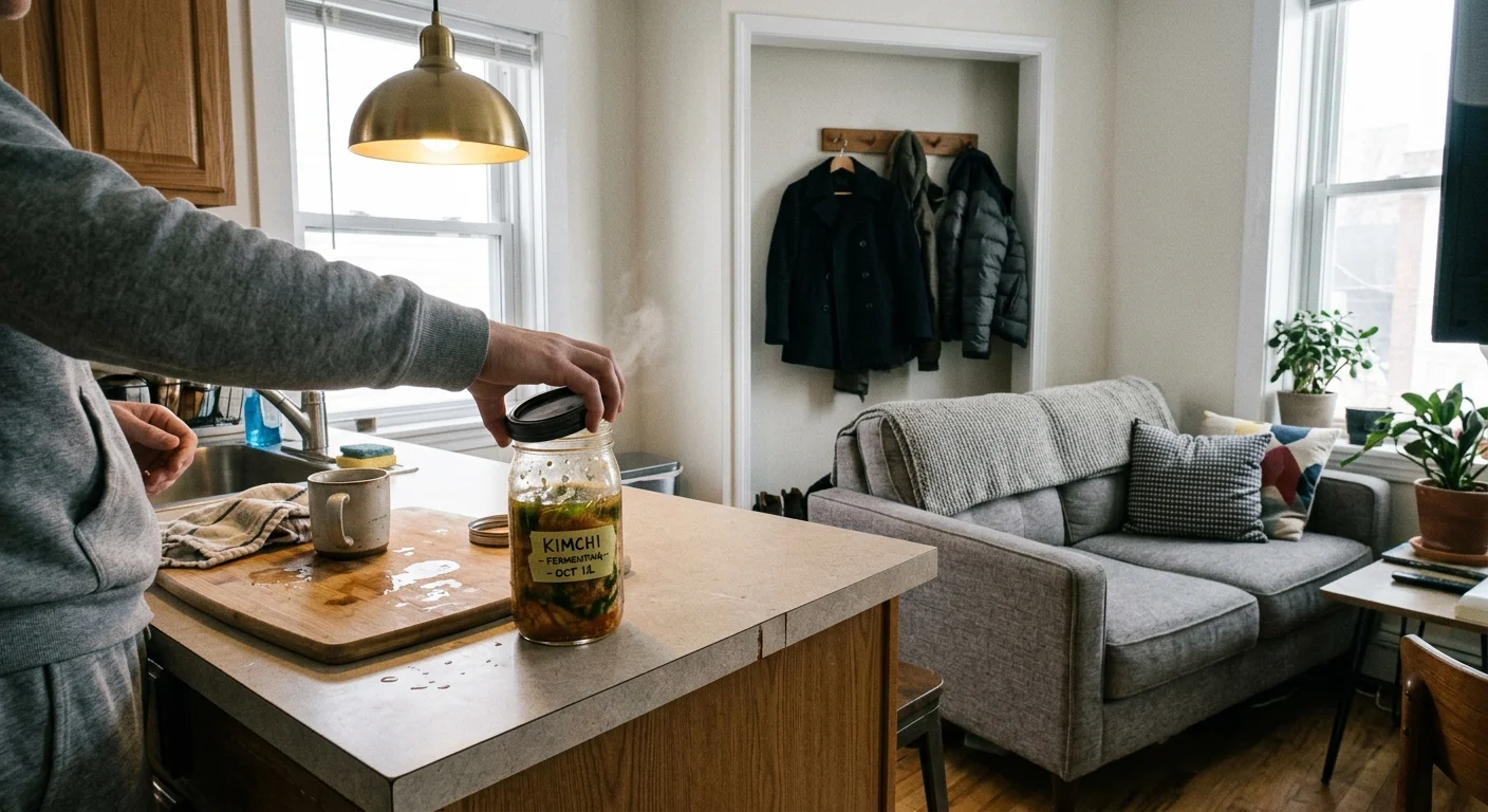 Person opening a labeled glass jar of kimchi on a kitchen counter next to an open-plan apartment living room.