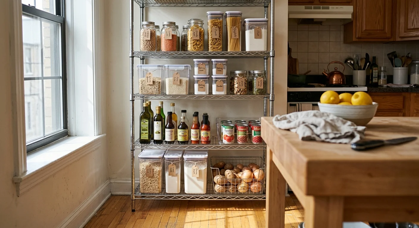 Wire shelving rack in a kitchen holding jars, clear food containers, bottles, canned goods, and a basket of potatoes.